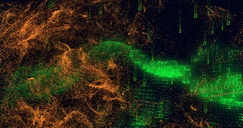 Opening with orange cloud coalescing, expanding as green binary code weaving for Stock Footage 311455597