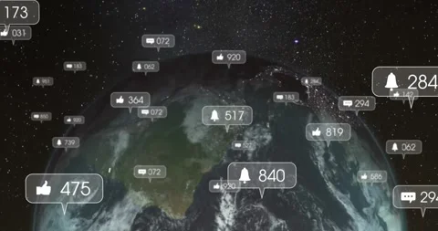 Opening overhead 3D globe pivoting while notification icons emerging, lines Stock Footage 326765455