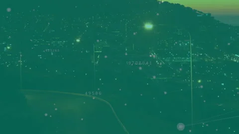 Opening overhead showing lights tracing hillside curves overlaying node maps Video stock 313307302