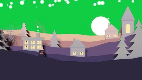Opening paper town forming moon rising smoke rising snow falling on transparent Stock Footage 340269549