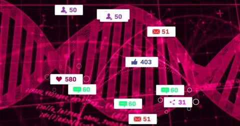 Opening on pink 3D helix rotating on dark grid, icons clustering, swirling, Stock Footage 320214634