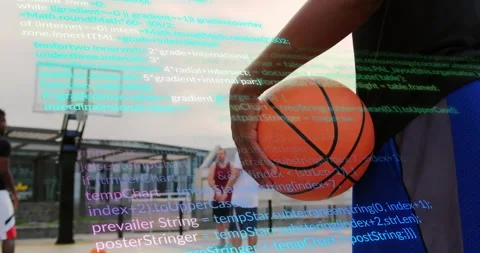 Opening player holding basketball as code overlay fading, players walking Stock Footage 314348747