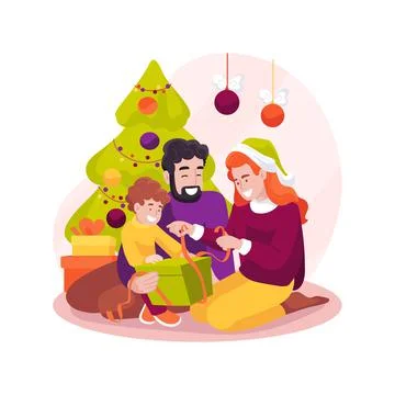 Opening presents isolated cartoon vector illustration. Ilustración de archivo