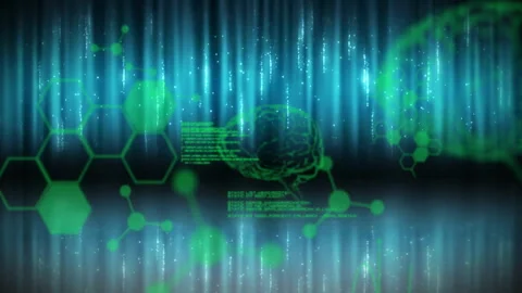 Opening pulsing data bars code and hex merging into brain, text scrolling Stock Footage 312656060