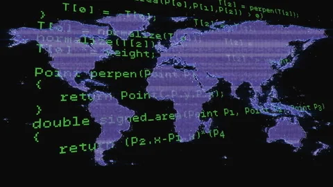Opening purple-blue world map green code scrolling into dotted mesh showing Stock Footage 310659643