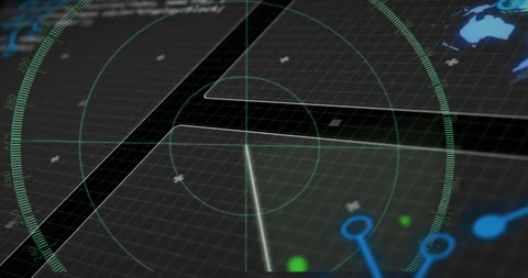 Opening radar rotating beam tracking pulsing green dot with neon-blue nodes Stock Footage 315802447