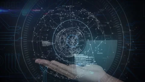 Opening radar UI showing sliding hand presenting holographic network sphere Stock Footage 309893458