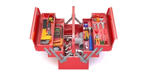 Opening of red expendable cantilever tool box with plumber tools Stock Footage 325362344