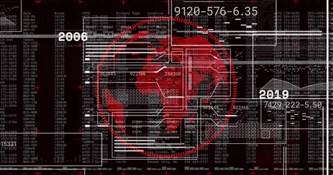 Opening with red globe on code field, panels sliding, grids updating, ring Stock Footage 317407280
