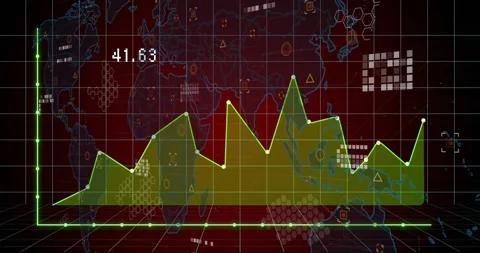 Opening on red grid, neon green 3D-render line graph connecting data points Stock Footage 331019796