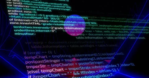 Opening on red neon grid, code fading, scrolling, sphere pulsing, drifting, Stock Footage 310283582