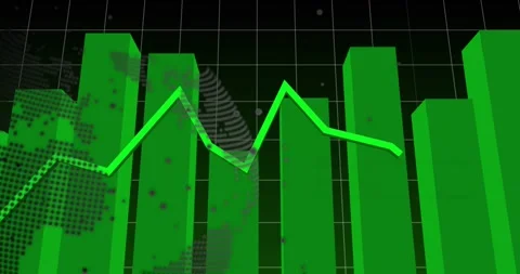 Opening revealing green 3D bars rising, neon-green polyline drawing left to Stock Footage 328577110
