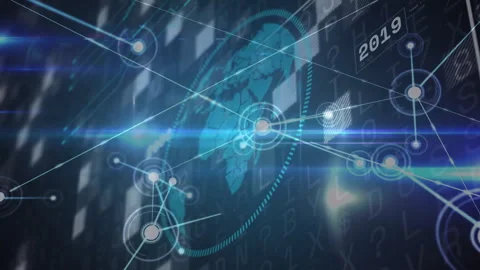 Opening with ring hovering over map, hub node appearing, markers sprouting, Stock Footage 313509493