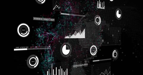 On opening ring timers pulsing labels sliding clouds merging and charts rising Stock Footage 318194544