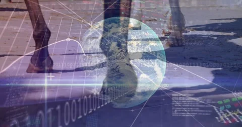 Opening with rotating 3D Earth streaming data, shifting to horses hooves walking Stock Footage 319852599