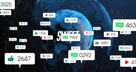 Opening rotating 3D globe initiating comment icon floating then icons swirling Stock Footage 311603629