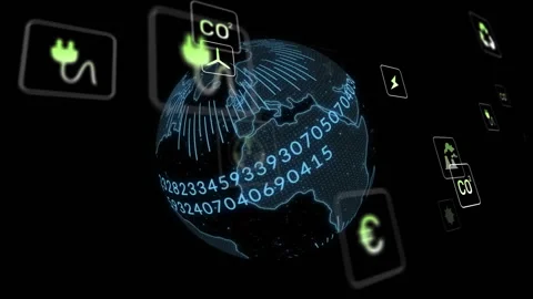 Opening on rotating 3D globe showing data flow while energy icons orbit mapping Stock Footage 311664273