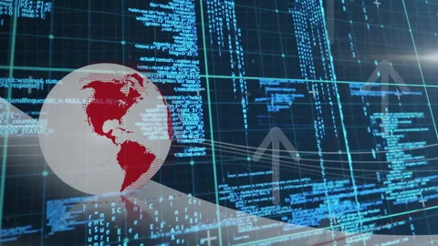 Opening with rotating 3D globe showing red continents, streaming code lines Stock Footage 312845205