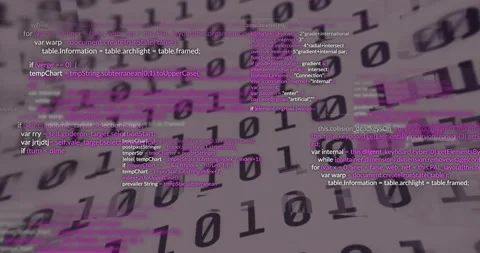 Opening rotating binary grid filling screen code snippets fading sliding Stock Footage 318260458