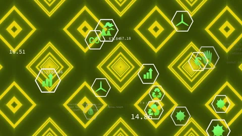 Opening rotating diamond grid while icons drifting and code scrolling simulating Stock Footage 312638977