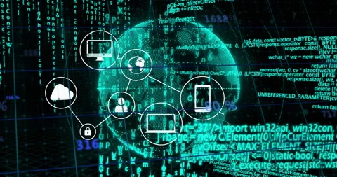 Opening rotating globe starting animating cloud lock user device and data icons Stock Footage 314687812