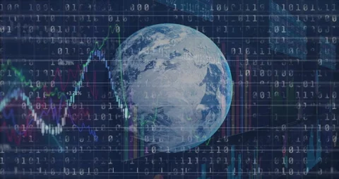 Opening rotating globe under binary code, bars adjusting and line fluctuating Stock Footage 312639084