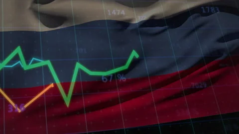 Opening Russian flag wafting as financial grid fading and lines gliding spiking Stock Footage 311677759