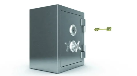 Opening Safe with the Key. Camera flying inside. HD 1080. Alpha mask. Stock Footage 27974262