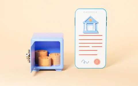 Opening save box and Online bank with yellow background, 3d rendering. Illustrazione stock