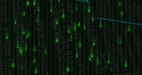 Opening scene causing green binary streams falling code columns forming bars 스톡 동영상 316624393