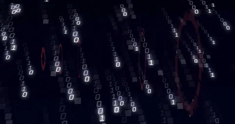 Opening screen, red rings pulsing while binary digits streaming, creating Stock Footage 312657145