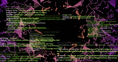 Opening screen showing orange nodes growing and green code scrolling, forming Stock Footage 312842468