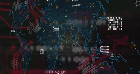 Opening screen tracing neon map, skull crossbones pulsing, scrolling data Stock Footage 316623912