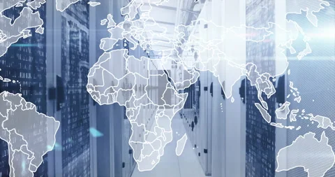 Opening server corridor revealing world map fading in, flares and bits drifting Stock Footage 311085224