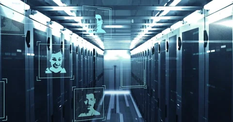 Opening server corridor showing holographic user profiles spawning, floating, Stock Footage 309680837