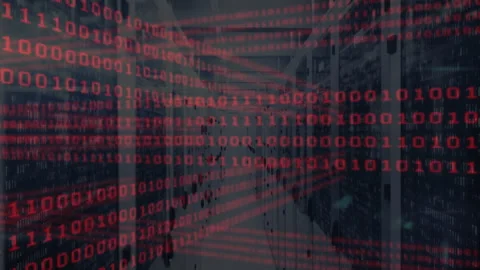 Opening server rack aisle activating red binary code scrolling across hall for 库存影片 310643419