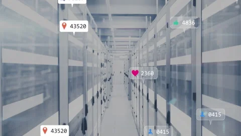 Opening server rack corridor starting floating icons clustering and drifting, Stock Footage 311217332