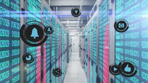 Opening server rack corridor streaming binary code floating icons drifting Stock Footage 312898651