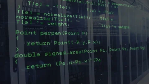Opening server rack view initiating code scrolling upward demonstrating C++ Stock Footage 312916001