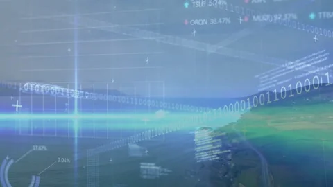 On opening shoreline, AR overlay emerging with binary code scrolling, grid Stock Footage 312713874