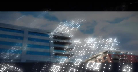 Opening shot of mid-rise building revealing grid emerging binary digits Stock Footage 329223597