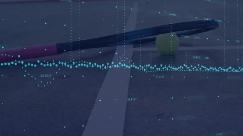 Opening shot of racket and ball initiating data overlay scrolling pulsing and Stock Footage 311885523