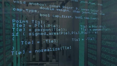 Opening showing C++ overlay scrolling between server racks revealing HTTP setup Stock Footage 317593188