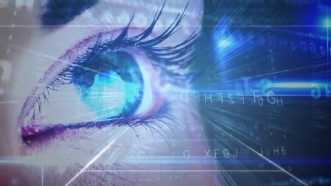 Opening showing closeup glowing iris with lasers sweeping eye and code drifting Stock Footage 313148389