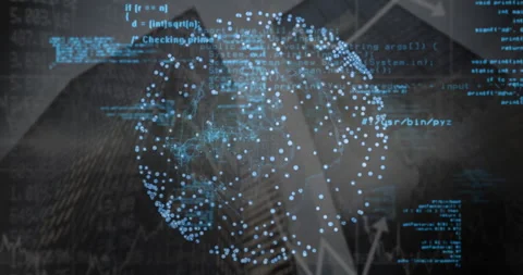 Opening showing data globe hovering while code scrolling and graph emerging Stock Footage 310324572