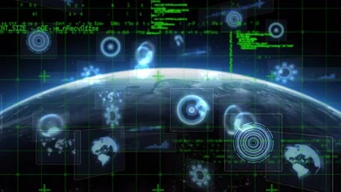 Opening showing Earth with green code grid, HUD circles materializing and Stock Footage 317593005