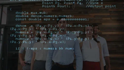 Opening showing five developers under pendants demonstrating code scrolling over Stock Footage 314848369