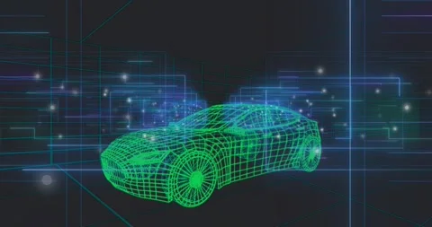 Opening showing green wireframe car centered, neon panels pulsing, lights Stock Footage 321783205
