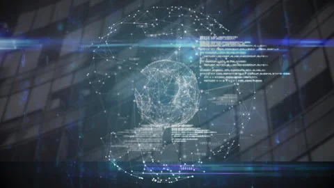 Opening showing points connecting into globe rotating over glass facade for Stock Footage 315536949