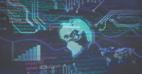 Opening showing rotating 3D globe with drifting code, lighting nodes and Stock Footage 311505919